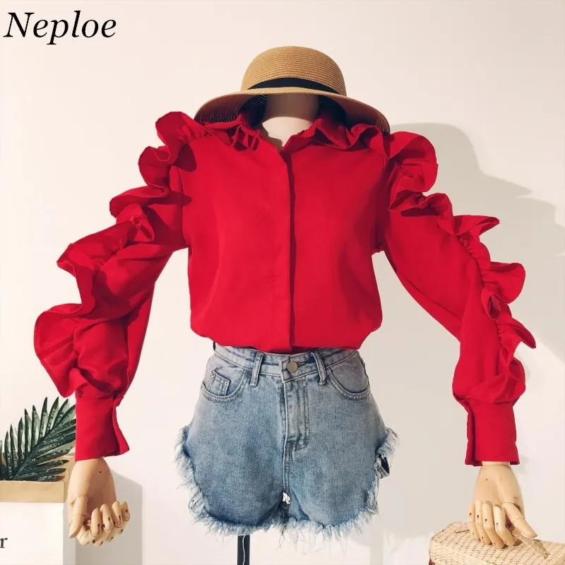 Neploe, осенняя новинка, женские рубашки с отложным воротником, с оборками, на молнии, с длинным рукавом, блуза, одноцветная, однобортная, женская блузка 68427