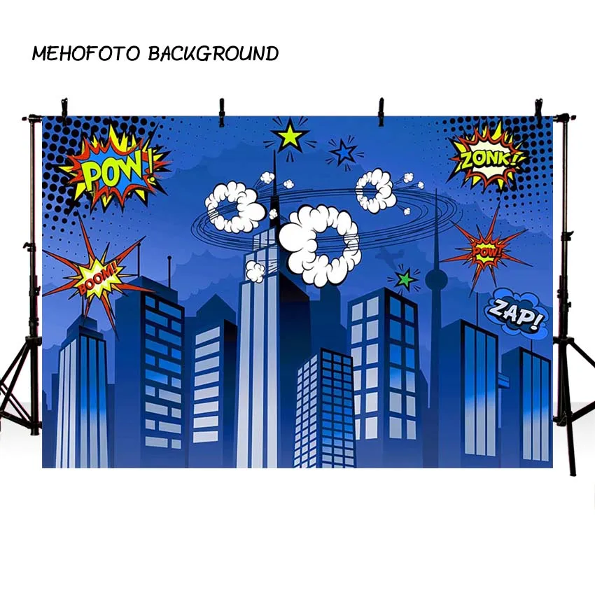 Фон Mehofond для фотосъемки детей на день рождения с изображением супергероев зданий