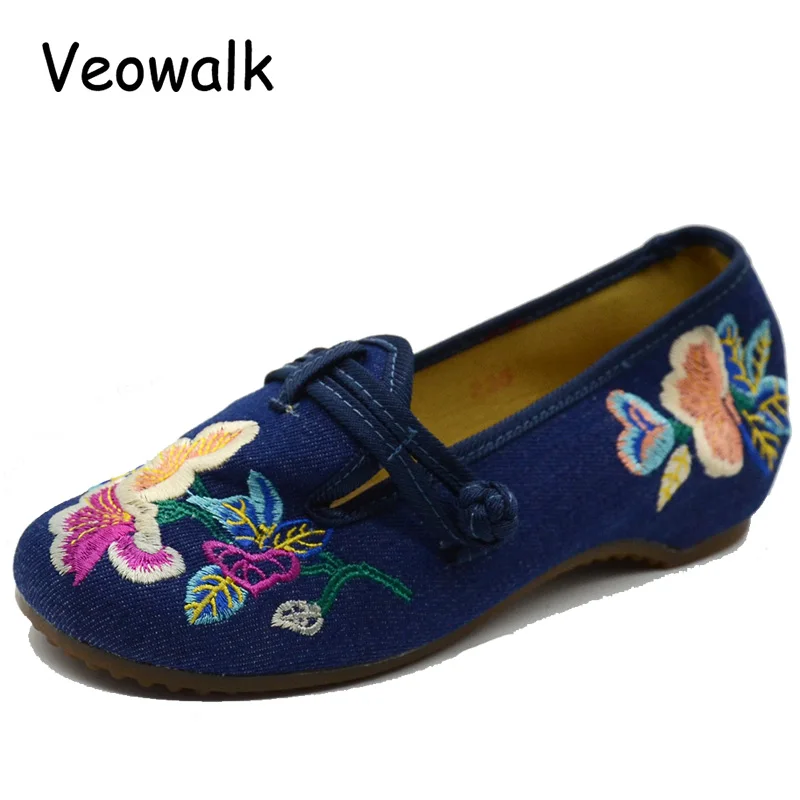 Veowalk Flower Embroidered Women Canvas Ballet Flats Ladies Slip on Comfortable Denim Cotton Shoes No-skid Bottom Ballerine | Обувь