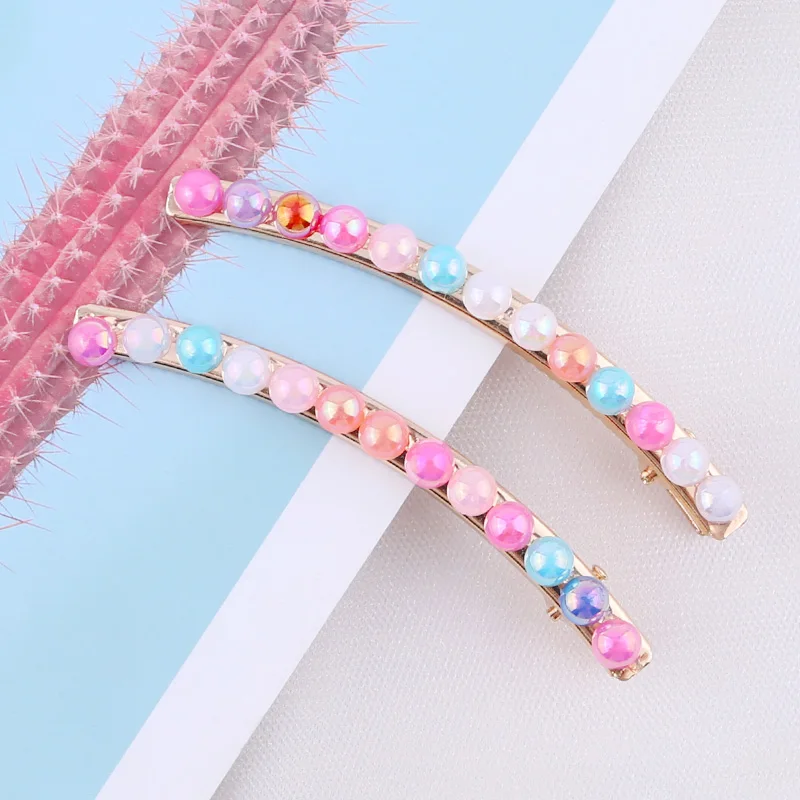 Bend clip-Color 2 2pcs/set Pearl Flower Hair Clips Alligator Duckbill Long Hairpins Barrettes Candy Rainbow Color Hair Accessories for Women Girls - Цвет: Bend clip-Color 2