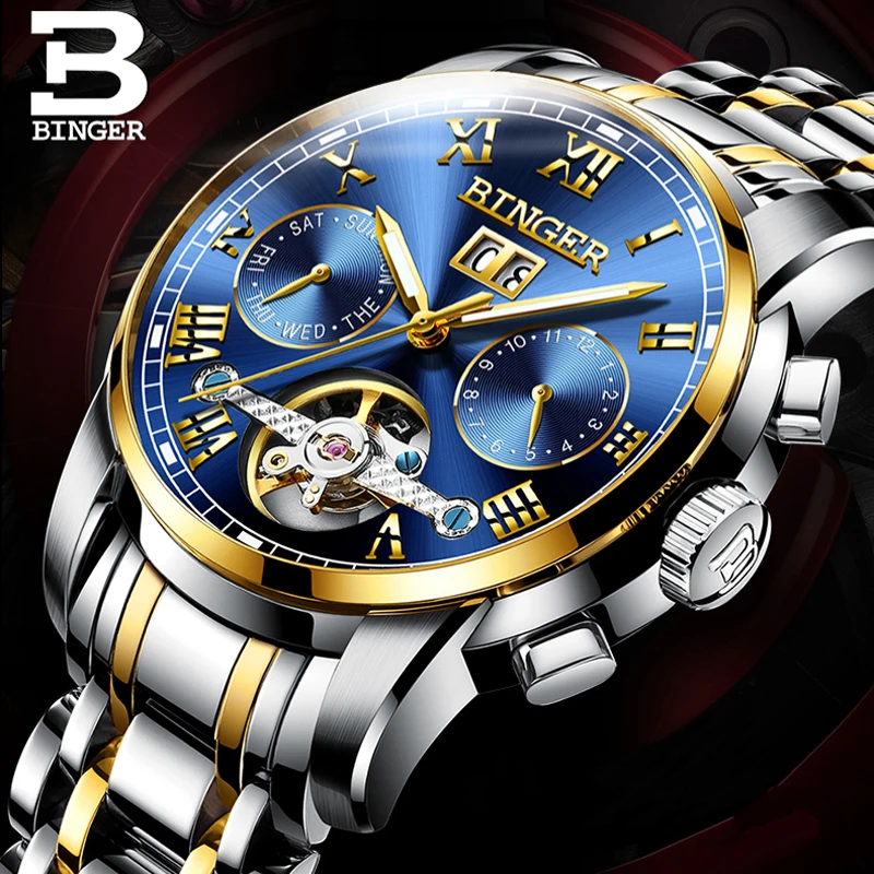 

Genuine Luxury BINGER Brand Men Self-wind Waterproof Full Steel Automatic Mechanical Blue Gold Dial Tourbillon watch
