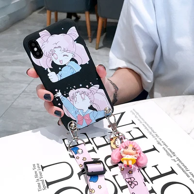 As shown in Для iPhone XR милый 3D Сейлор Мун чехол для телефона для iPhone X XS Max 4S 5S SE 6S 6plus 7plus 8 plus мультяшная задняя крышка+ ремешок+ игрушка - Цвет: As shown in