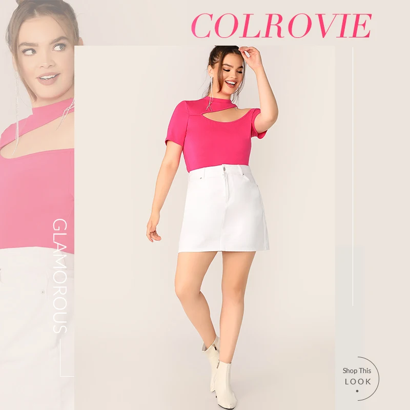 COLROVIE размера плюс, одноцветная, асимметричная, с вырезами, тонкая, облегающая, женская,, элегантная, летняя, короткий рукав, топы, стоячий воротник, футболка