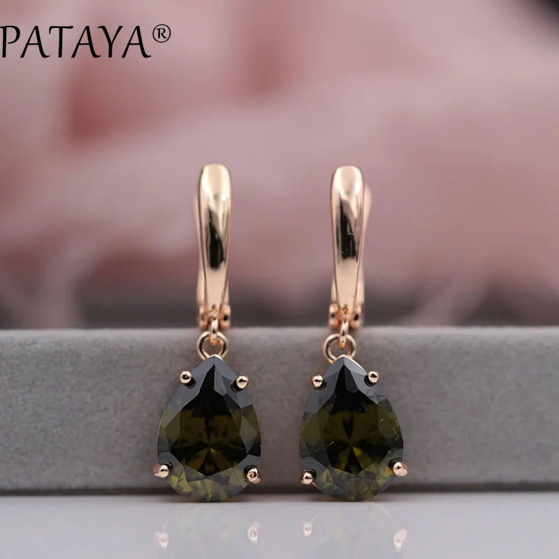 Olive Green PATAYA, новые длинные серьги для женщин, модные ювелирные изделия для вечеринок, 585, розовое золото, лунный камень, цвет, капля воды, натуральный циркон, свисающие серьги - Окраска металла: Olive Green