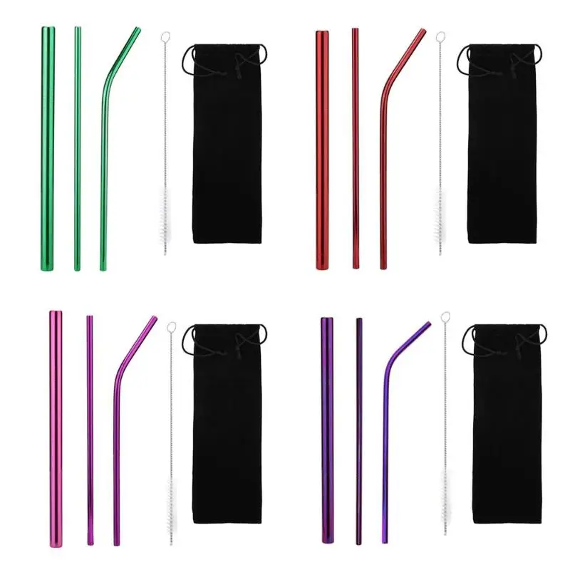 

5pcs Reusable Stainless Steel Drinking Straw Metal Straws w/Cleaning Brush Bag