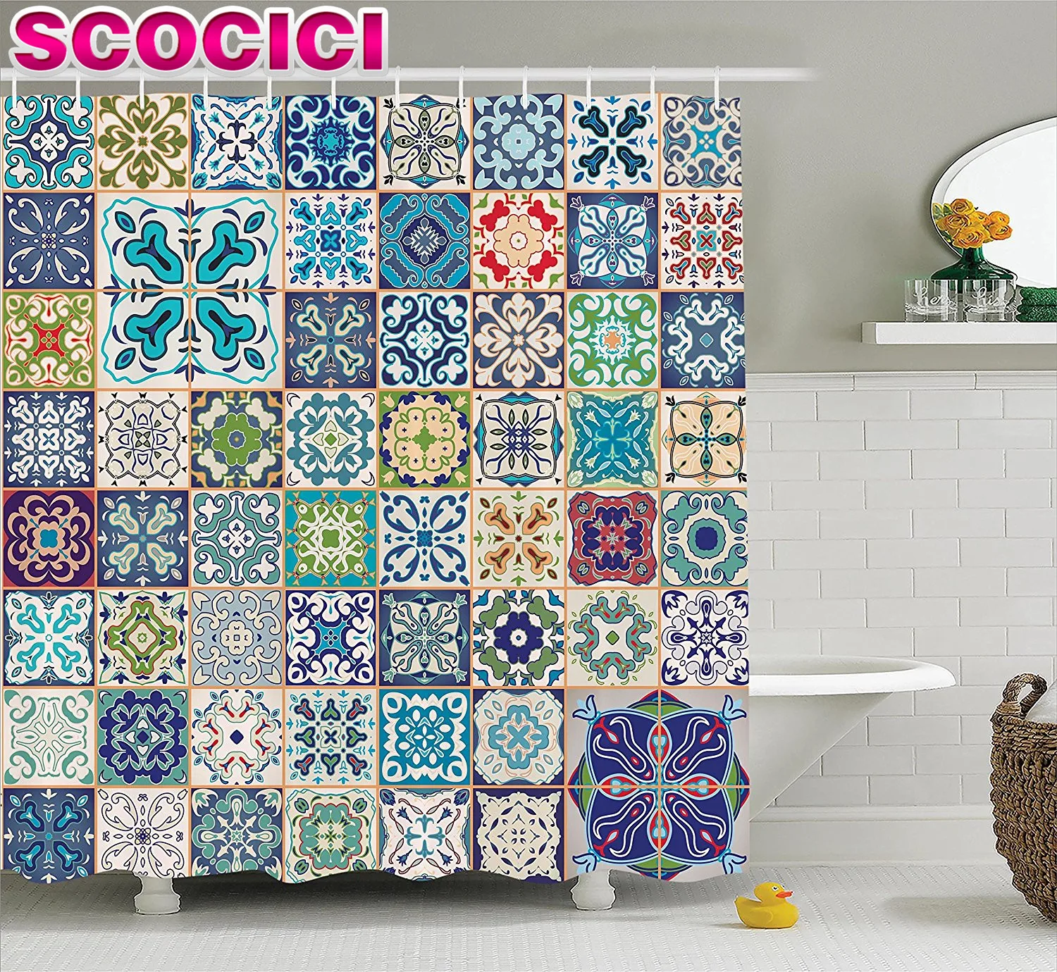 Moroccan Decor Shower Curtain Set Floral Patchwork Design with Arabesque Figure and Shapes Mediterranean Symbolic Artisan Work B