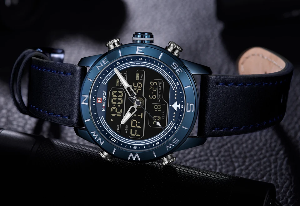 Бренд NAVIFORCE модные синие мужские спортивные часы светодиодный, аналоговый, цифровой часы в стиле милитари кожаные кварцевые часы Relogio Masculino