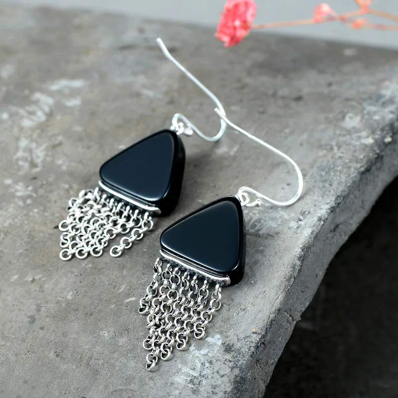 Серебряные 925 Ювелирные серьги из натурального камня черные с ониксом и