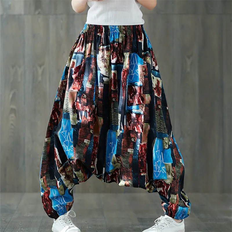 Женские штаны-шаровары Boho, свободные, негабаритные, смешанный хлопок, уличная одежда, хип-хоп танцевальные брюки, этнический принт, брюки хиппи