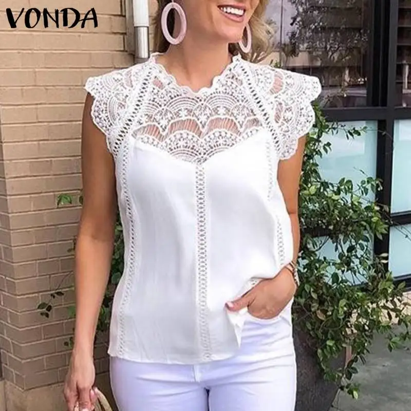 VONDA, сексуальная женская летняя блузка без рукавов, кружевная рубашка, Офисная Женская рубашка, открытые вечерние топы, Белые блузы размера плюс