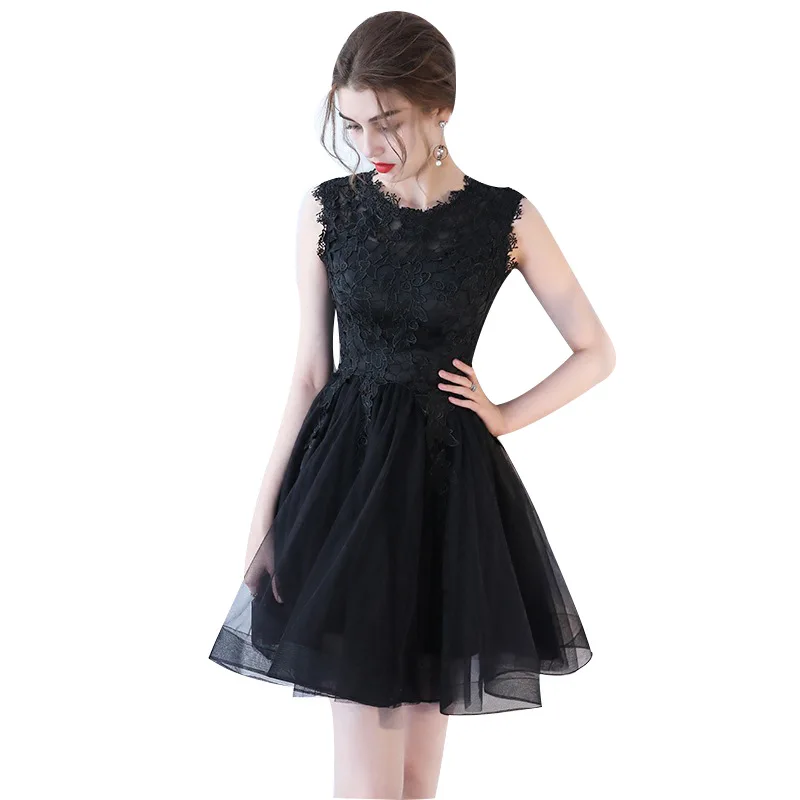 

Banquet Evening Dress Short Style 2019 New Korean Fashion Black Party Dress Appliques O-neck Formal Dresses Haute Couture