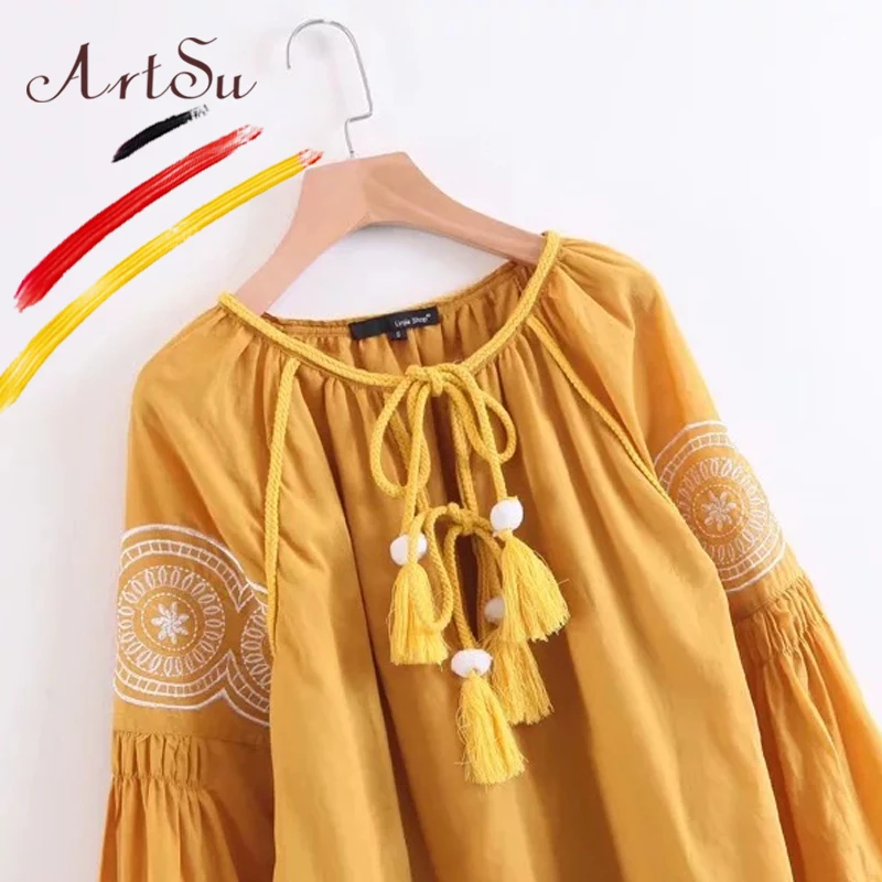 ArtSu винтажное этническое платье с вышивкой в стиле бохо осеннее длинными