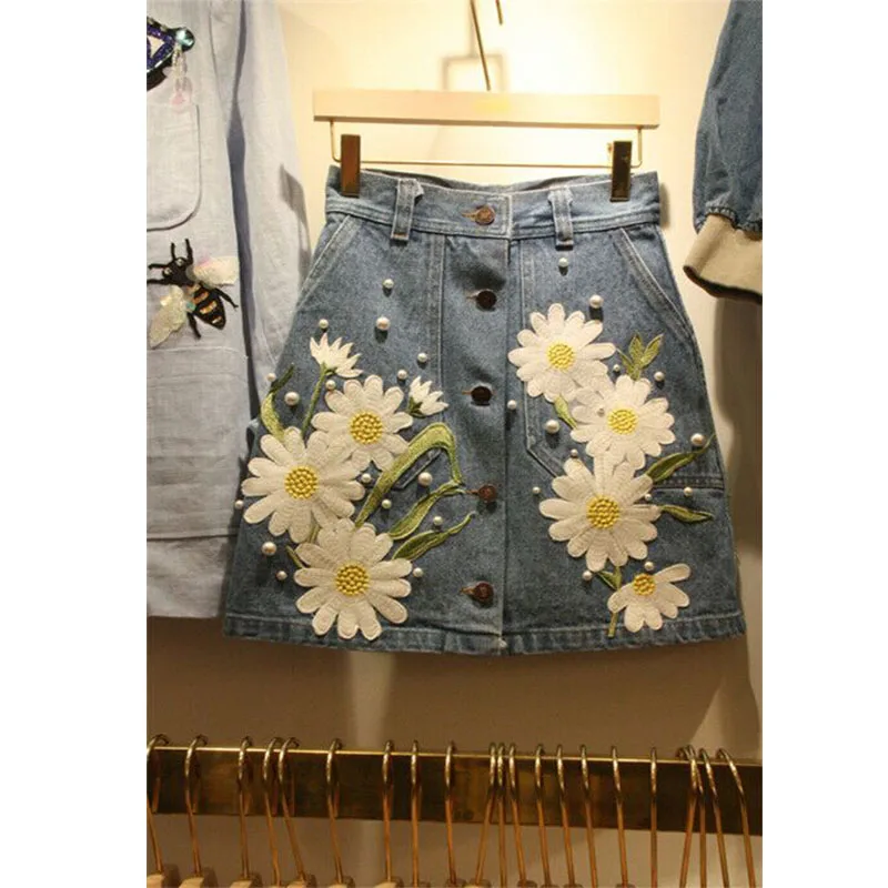 OCEANLOVE 2020 New Floral A-line Women Skirts Beading Button Mini Skirt Summer High Waist Korean Fashion Bottoms 11456 | Женская одежда