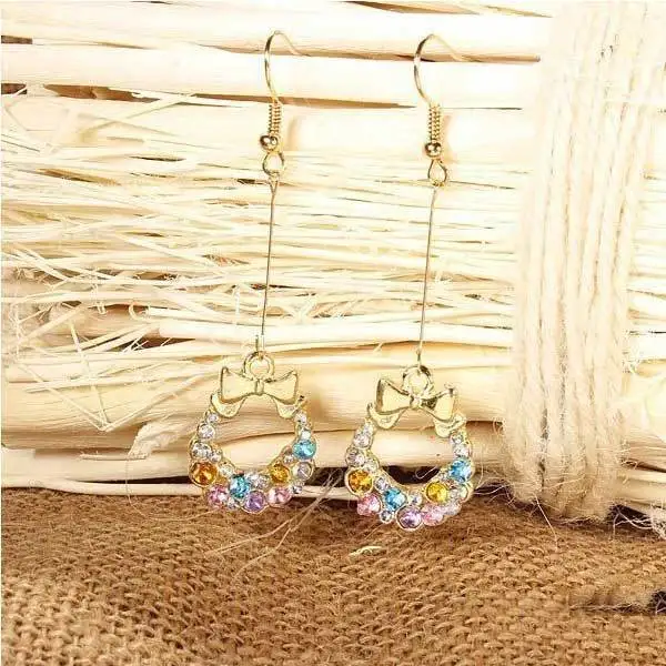 Coconut Multicolor Rhinestone Wreath Bowknot Earrings Gold Plated Ear Drop|earrings tassel|earring ukearring shelf |