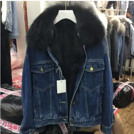 black fur no holes Новинка, джинсовые куртки с натуральным лисьим мехом, женские парки, съемный воротник из натурального меха+ внутренняя часть из меха кролика, Женская куртка R66 - Цвет: black fur no holes