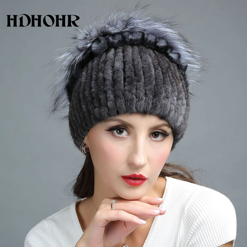 HDHOHR НОВАЯ шапка из натурального меха Wram зимняя женская норки вязаные шапочки