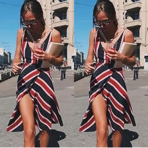 2018 женское длинное платье в полоску стиле бохо вечернее Клубное с v-образным