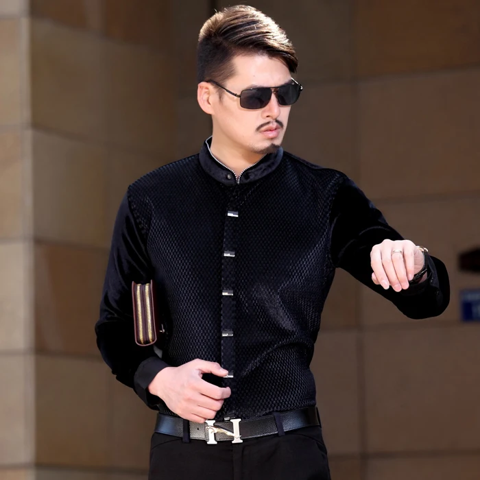 2017 Playeras Hombre роскошные мужские бархатные рубашки с воротником стойкой черные