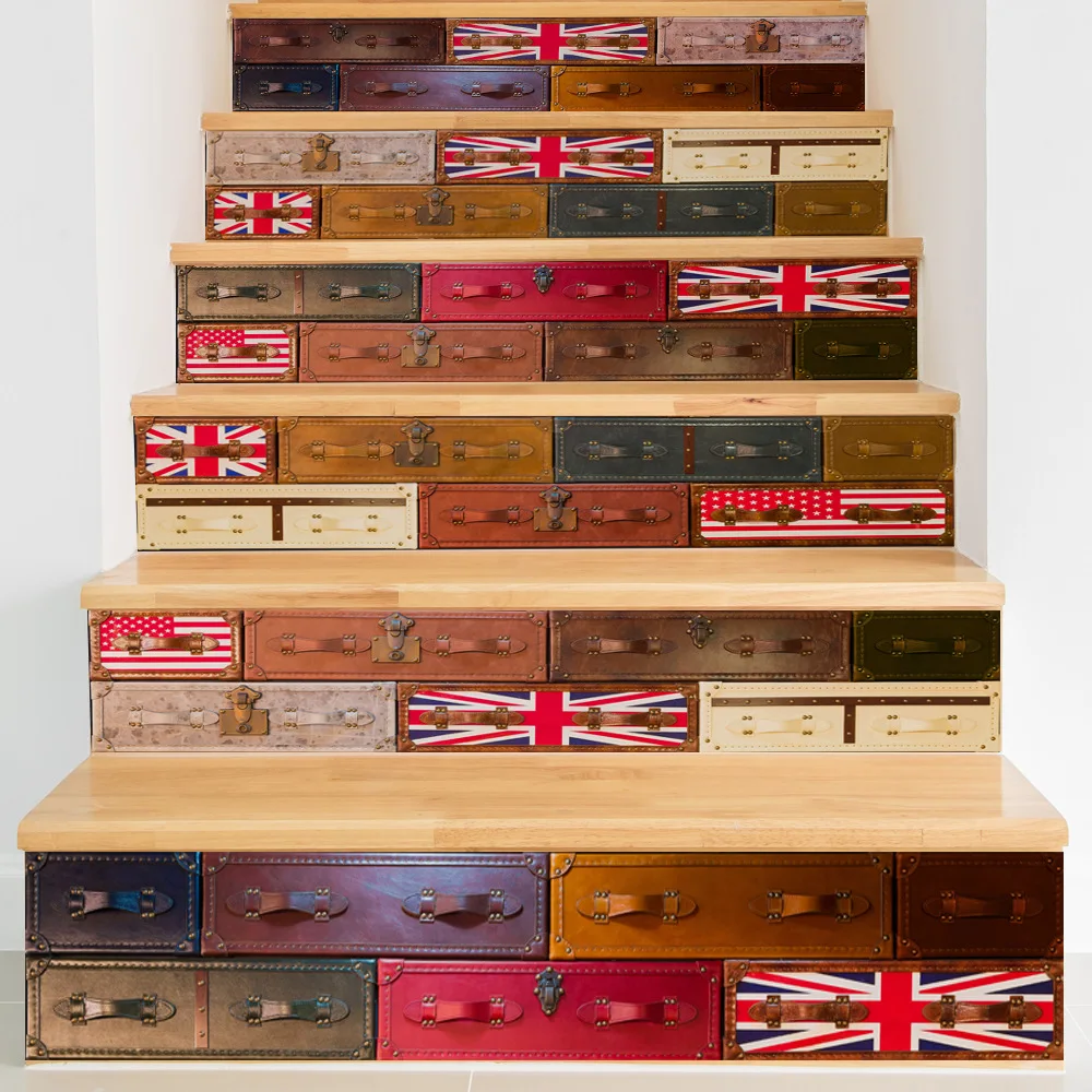 Retro European British Suitcase Vinyl Stair Stickers 3D Art Wall for Living Room TV Background Home Decor FS070 | Дом и сад