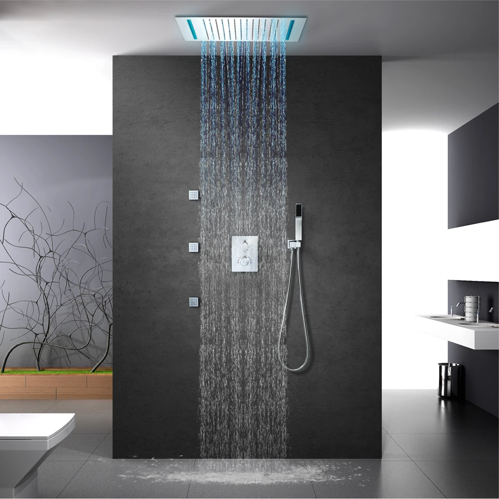 

SUS304 50x36cm Remote Control LED Rainfall Shower Head Embedded Ceiling Mounted Bathroom Thermostatic Rain Shower Faucets Set