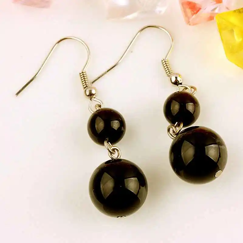 

TUMBEELLUWA Black Onyx Gem Stone Round Beads Dangle Hook Earrings For Womens Girls