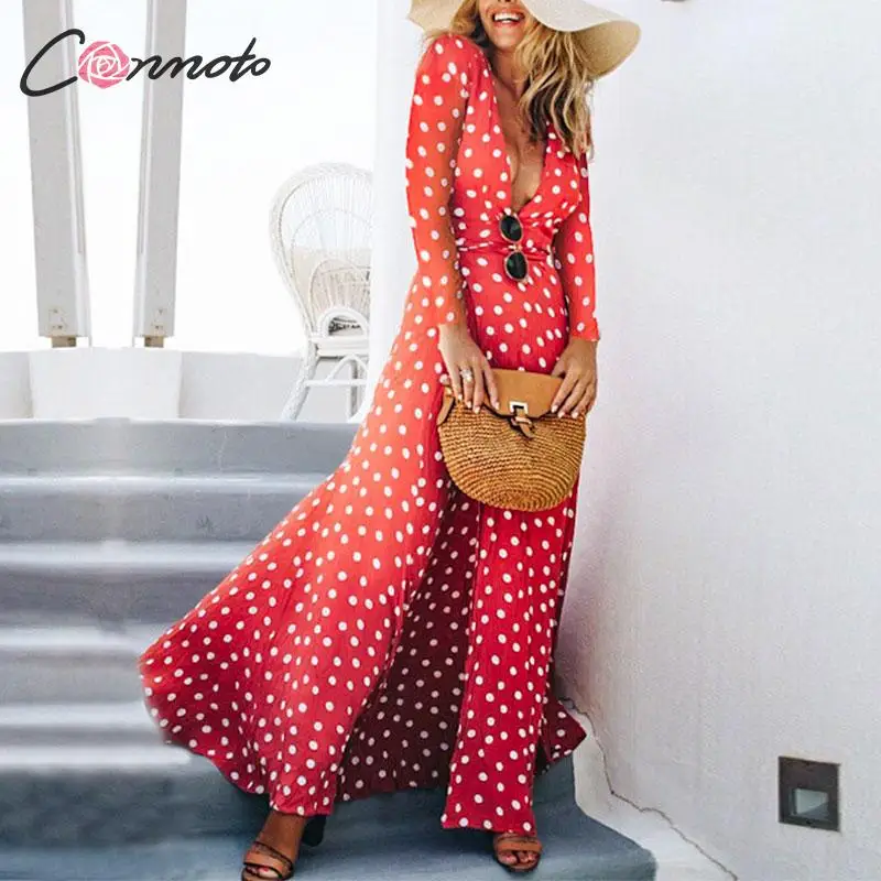 Conmoto Длинное красное платье в горошек модное длинное с высокой талией v образным