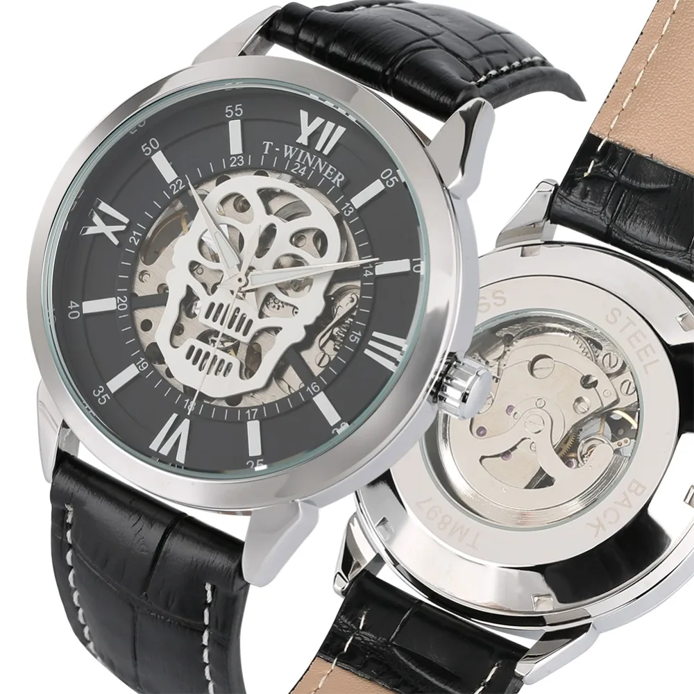 

Business Automatic-Self-Winding Mechanical Watches for Men Leather Black Strap Watch for Teenager Casual Skeleton Watch for Man