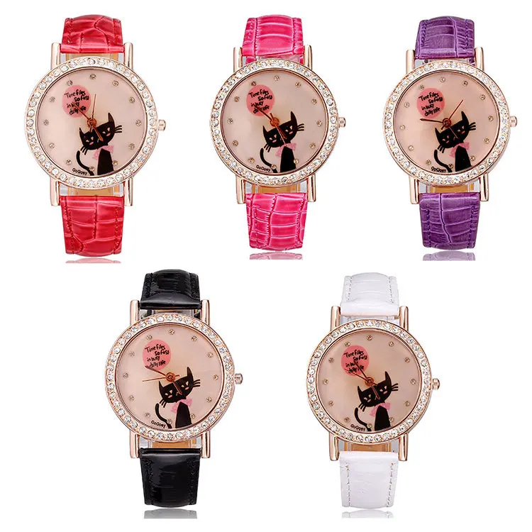 Watches women luxury brand rose gold pu leather strap watches crystal rhinestones cute cat fashion casual designer dropship | Наручные