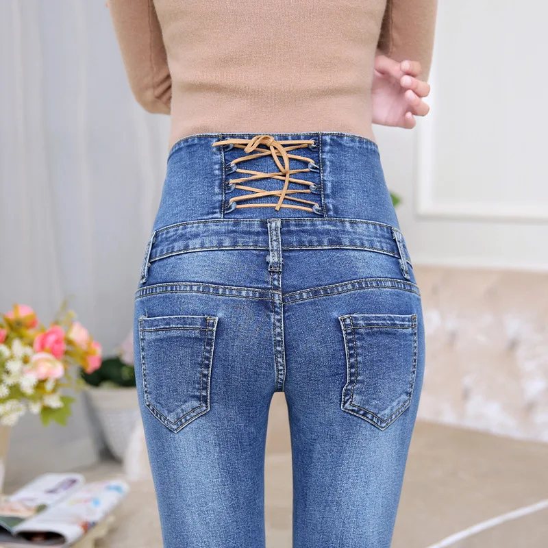 2018 осенние джинсы для женщин с высокой талией Эластичные Обтягивающие джинсовые