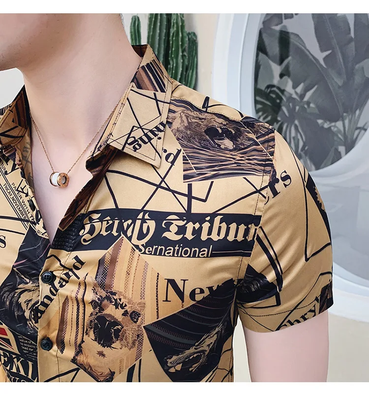 Высокое качество Для мужчин рубашка Фирменная Новинка Slim Fit Мужская одежда рубашки для мальчиков Модный принт футболка с коротким рукавом Для мужчин универсальные смокинг 3XL-M