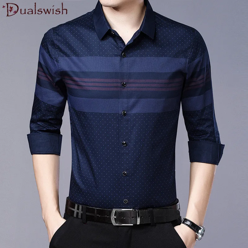 Social длинный рукав полосатый дизайнер Slim Fit винтажная мода Мужская рубашка платье