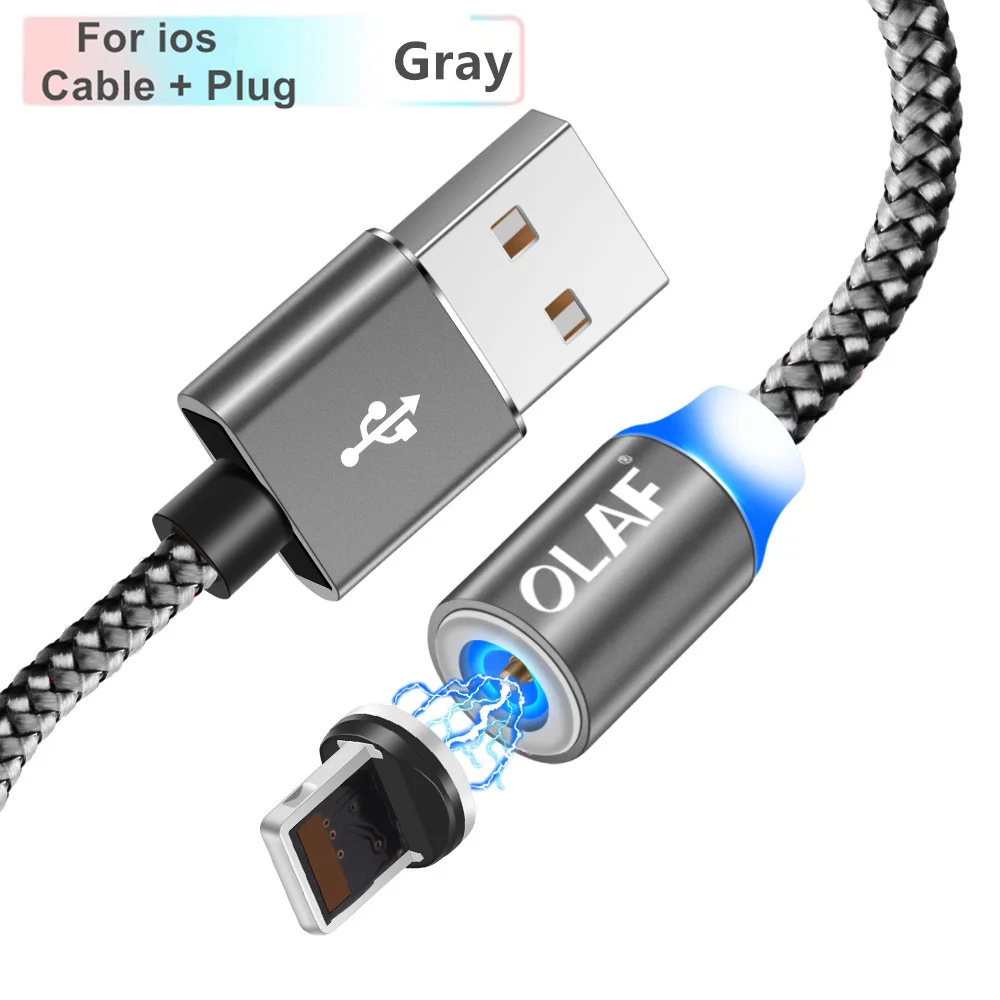 Gray For iPhone OLAF светодиодный магнитный usb-кабель для iPhone X, Xr, Xs, Max, Micro USB кабель type-c, быстрый Магнитный usb-кабель для зарядки samsung S9, Xiaomi - Цвет: Gray For iPhone