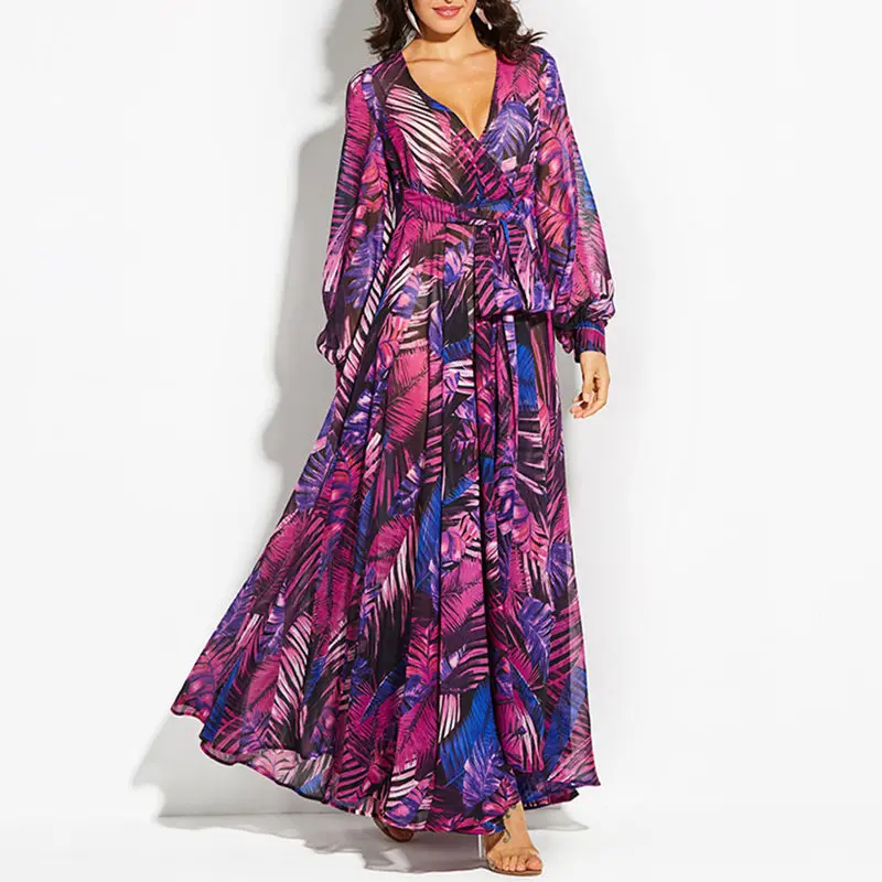 Платье-макси с V-образным вырезом длинным рукавом и принтом листьев | Женская