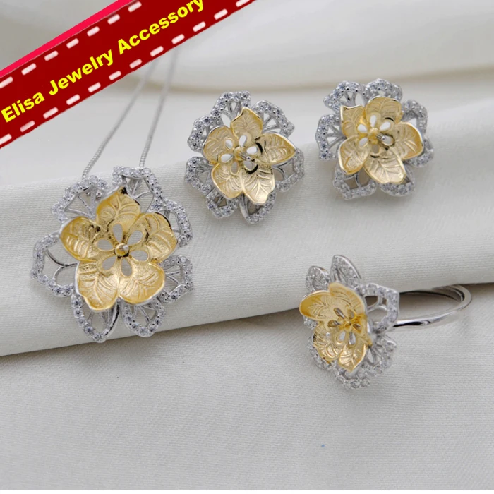 3Pcs Set SilverColor Роскошный цветок 3 шт комплектов/лот S925 серебро кулон держатель/серьги Настройки/Кольца Выводы аксессуары ручной работы - Цвет: 3Pcs Set SilverColor