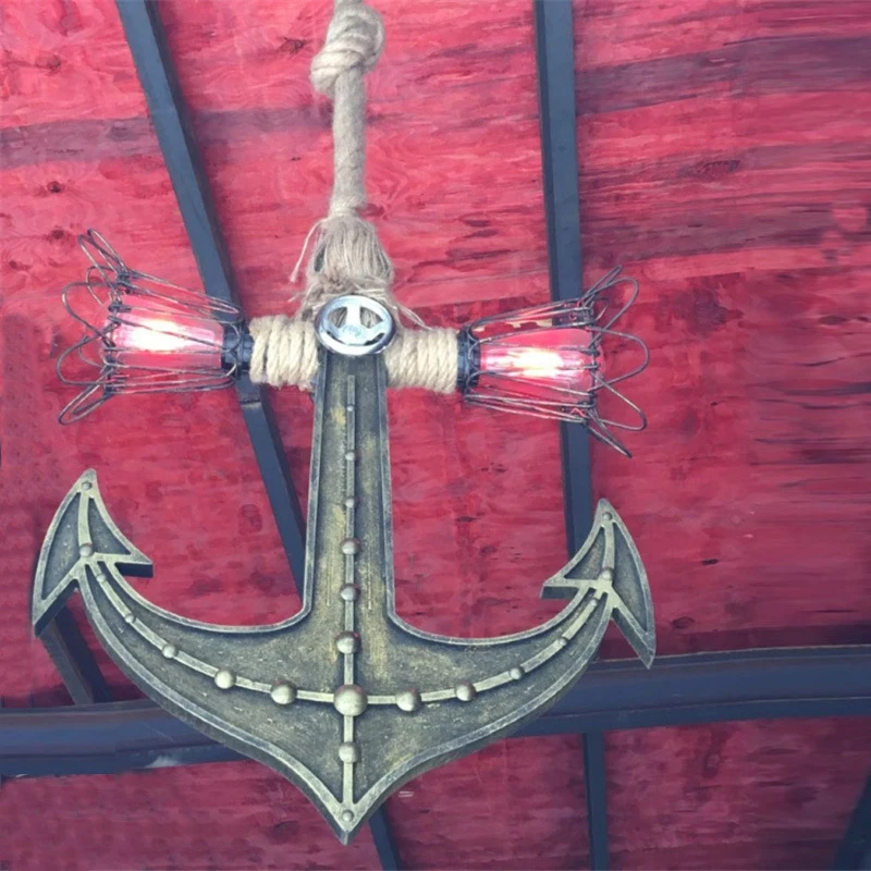 Винтажный подвесной светильник с железной пеньковой веревкой лодкой и якорем
