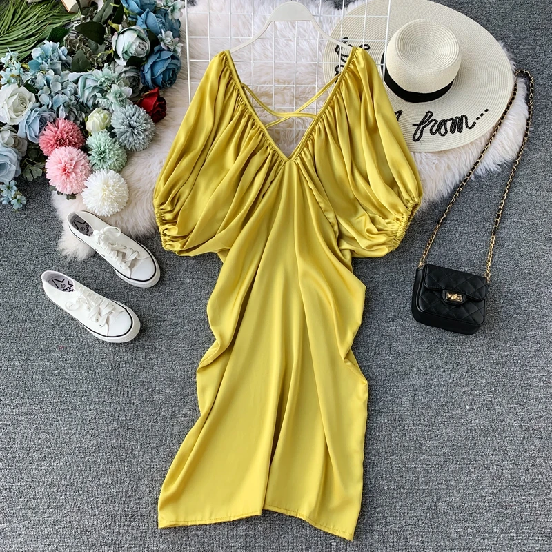 OCEANLOVE Ретро однотонные тонких пластин, покрытое Vestidos Элегантные корейские туфли-лодочки, цвета: женский с пышными рукавами платье Лето v-образный вырез миди платья 12361