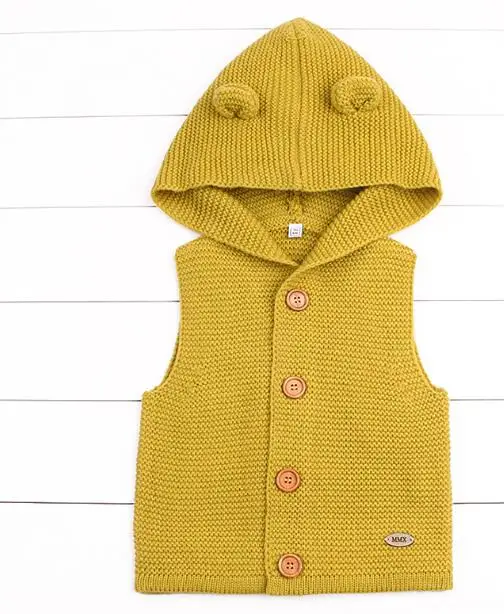 Dark yellow Dark d Свитера для маленьких мальчиков с рисунком медведя из мультфильма, кардиганы для новорожденных девочек, вязаные пальто унисекс, детские куртки без рукавов с капюшоном - Цвет: Dark yellow Dark d