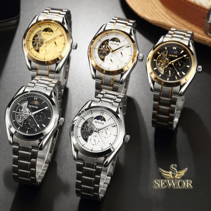 SEWOR роскошные Брендовые мужские часы 2019 модные полностью стальные механические