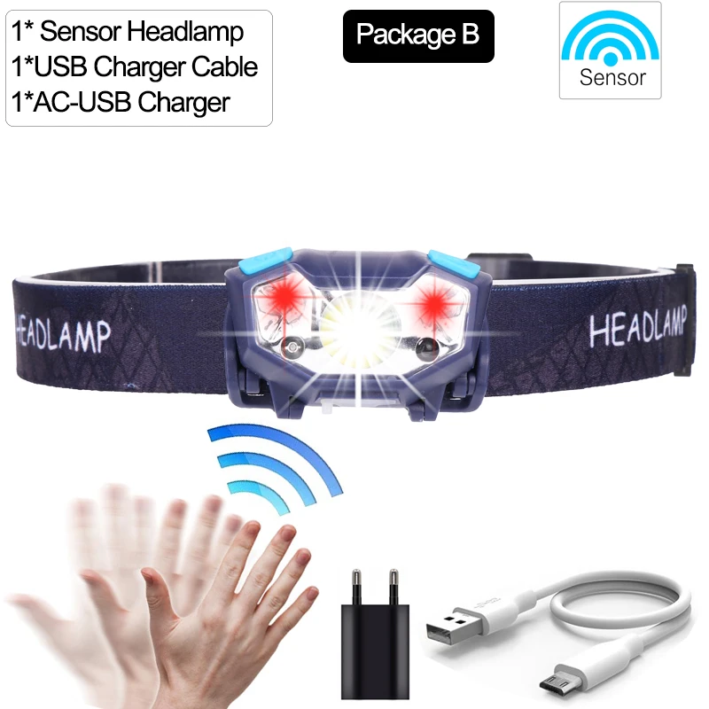 Package B 6200LM индукционный налобный фонарь с зарядкой от USB встроенный аккумулятор светодиодный фонарь на голову супер яркий датчик движения светодиодный налобный светильник 5 режимов - Испускаемый цвет: Package B