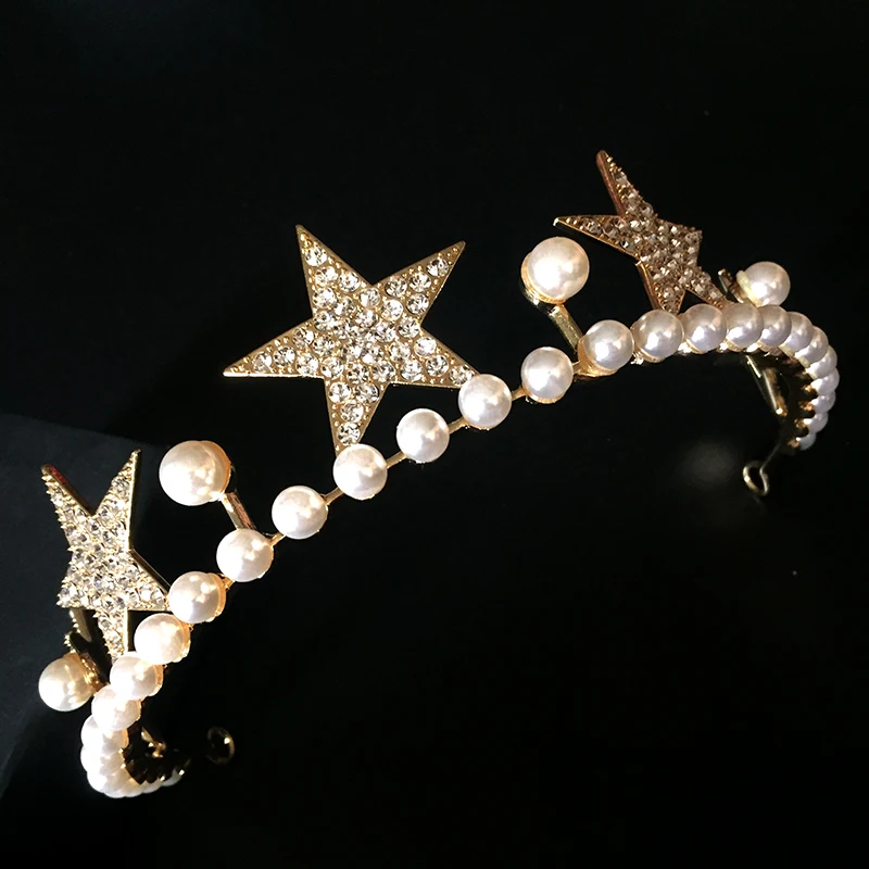 Himstory Fashion Gold Tiara Crown Crystal Pearl Headband Bridal Wedding Hair Jewelry Star Women Party Headpiece | Украшения и