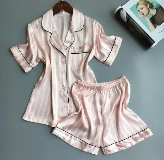 pink Fdfklak Модные полосатые летние пижамы женские с коротким рукавом пижамный комплект Дамская одежда для сна Домашняя одежда шелковые пижамы костюм - Цвет: pink