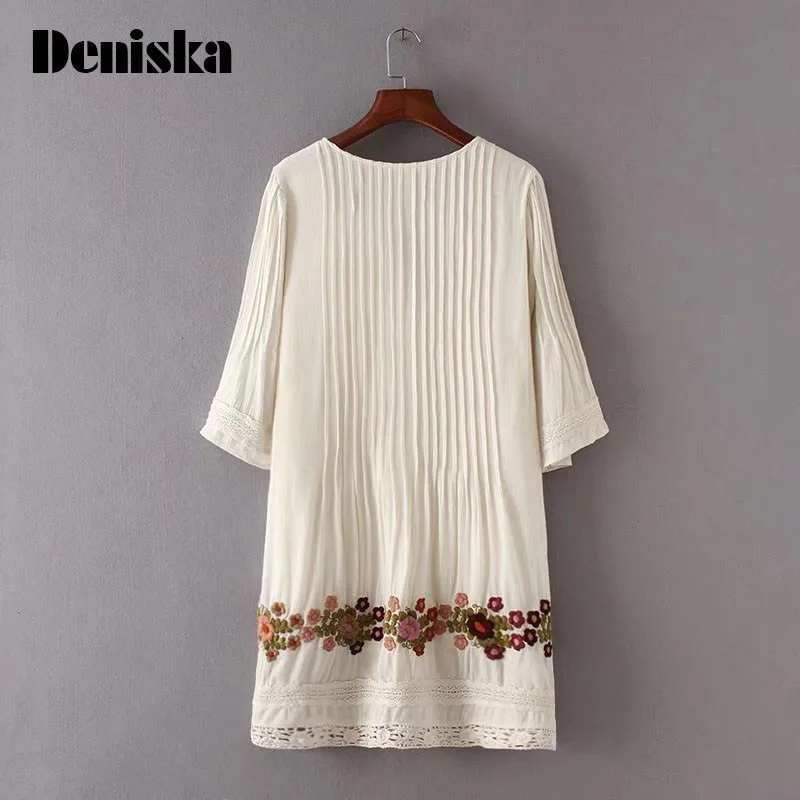 Дениска Модные Бежевые платье Для женщин Boho Богемия Цветочные Вышивка Кружево