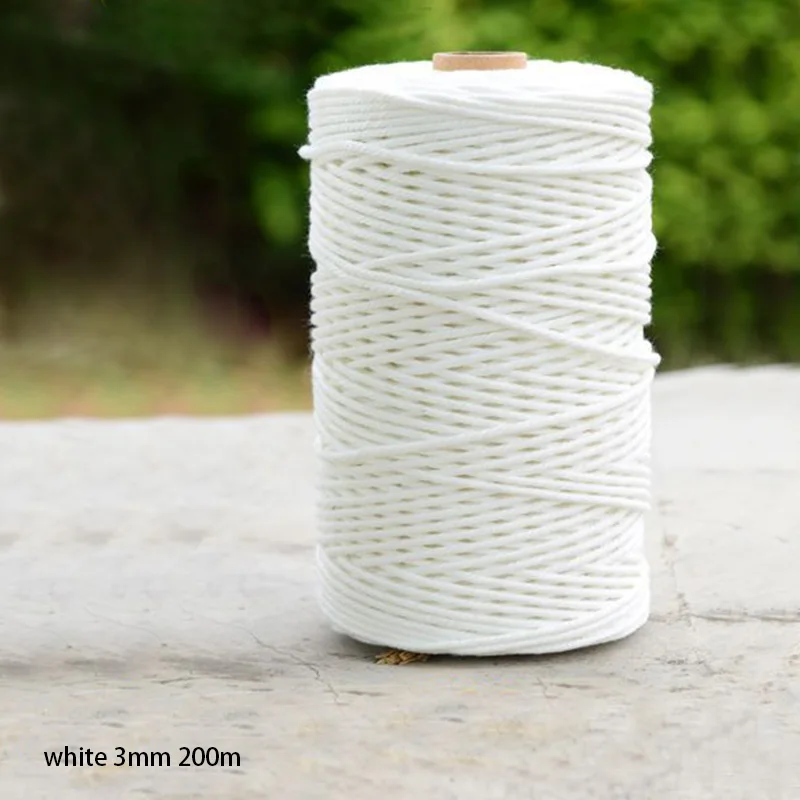 white 3mm 200m Ручная работа, сделай сам, бежевый мягкий хлопковый шнурок, веревка из натурального хлопка, диаметр 1 мм, скрученный шнур, 1 рулон макраме - Цвет: white 3mm 200m