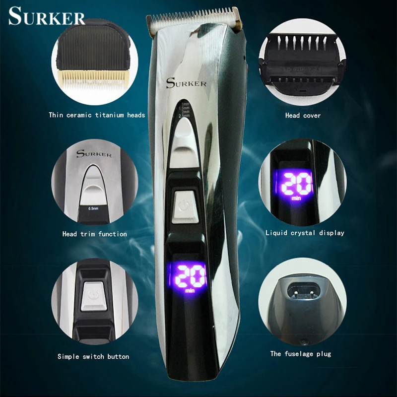 SURKER HC-575 перезаряжаемая электрическая машинка для стрижки волос Тихий триммер для волос светодиодный дисплей Электрический фейдер машинка для стрижки волос с европейской вилкой