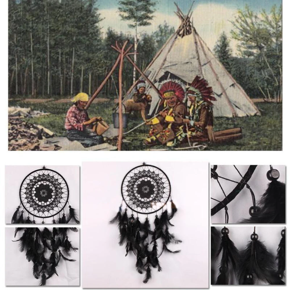 50 см ветер куранты РУЧНОЙ РАБОТЫ ИНДИЙСКИЙ Ловец снов сетка с черными перьями