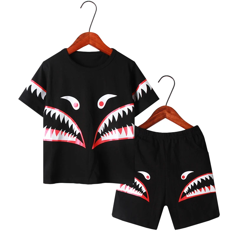 black Shark Коллекция года, летняя одежда для мальчиков модные комплекты одежды с принтом акулы для мальчиков, новые От 3 до 11 лет, Большие Детские наборы одежды для мальчиков, 2 предмета, Топы+ штаны - Цвет: black Shark