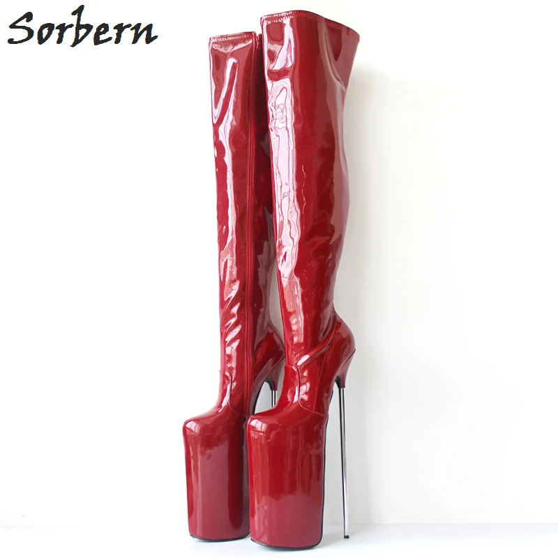 Wine Red Shiny Sorbern/белые блестящие высокие сапоги до середины бедра женские сапоги на металлическом серебристом каблуке 30 см, на заказ, ширина голенища, женские сапоги пикантные Фетиш на высоком каблуке - Цвет: Wine Red Shiny
