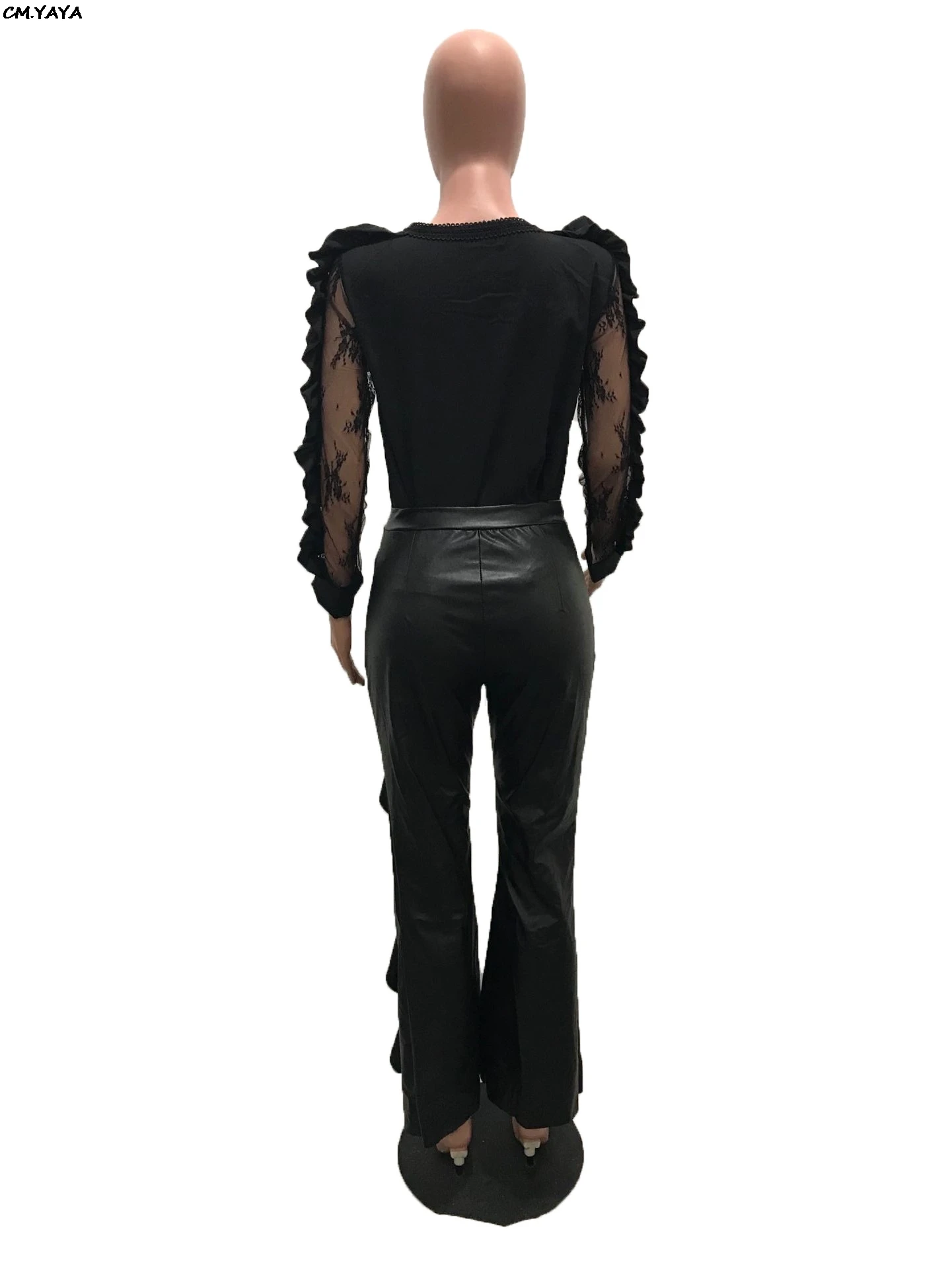 new ruffles mesh long sleeve patchwork blouses shirts faux leather straight pants two pieces women's sets outfits GL5081 | Женская