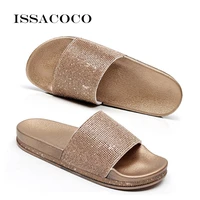 issacoco summer solid flat rhinestone bling women slippers beach flip flops sandals home indoor slippers female sparkling shoes