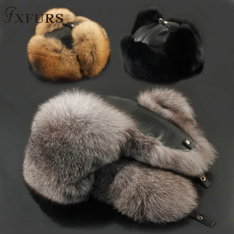 Men's Bomber Hats Real Rabbit Fur Winter Real Fur Trapper Hats Russian Snow Beanies Ear Caps Outdoor Bomber Hats